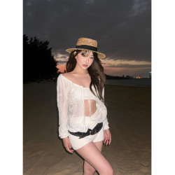 Turn up/陳腿兒 提花透視針織開衫女別致時髦辣妹顯身材防曬服ins