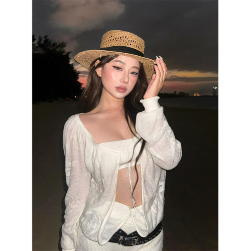 Turn up/陳腿兒 提花透視針織開衫女別致時髦辣妹顯身材防曬服ins