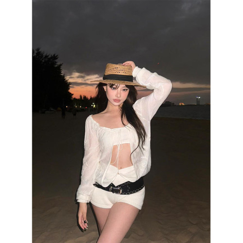 Turn up/陳腿兒 提花透視針織開衫女別致時髦辣妹顯身材防曬服ins