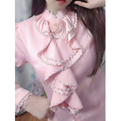 高定太仙了 好質量 貴族奢侈仙子人魚珠光荷葉木耳珍珠領花朵襯衫