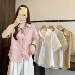 大碼女裝胖妹妹自畱款推薦~休閒工裝單排釦寬鬆百搭短袖襯衫女夏