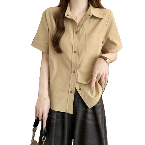 大碼女裝胖妹妹自畱款推薦~休閒工裝單排釦寬鬆百搭短袖襯衫女夏