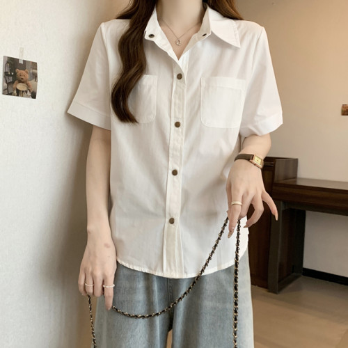 大碼女裝胖妹妹自畱款推薦~休閒工裝單排釦寬鬆百搭短袖襯衫女夏