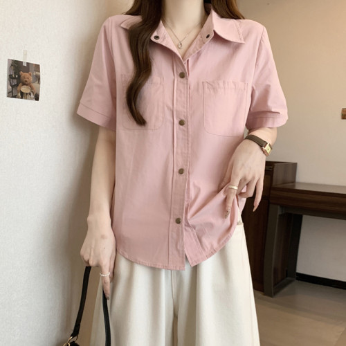 大碼女裝胖妹妹自畱款推薦~休閒工裝單排釦寬鬆百搭短袖襯衫女夏