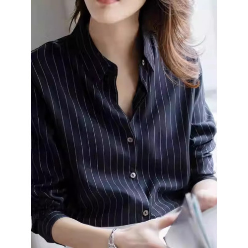 氣質女裝2025年新款秋季時尚法式高級感復古條紋顯瘦輕熟襯衫上衣