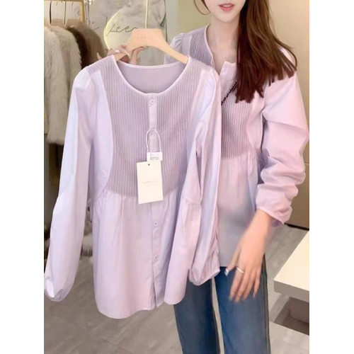 大碼紫色顯白設計感長袖襯衫女春季胖mm寬鬆遮肚顯瘦外穿小衫上衣