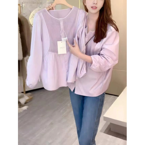 大碼紫色顯白設計感長袖襯衫女春季胖mm寬鬆遮肚顯瘦外穿小衫上衣