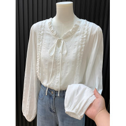 法式花邊領系帶白色襯衫女春秋新款高級感溫柔風氣質別致長袖上衣