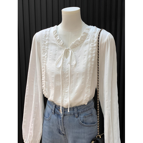 法式花邊領系帶白色襯衫女春秋新款高級感溫柔風氣質別致長袖上衣 法式花邊領系帶白色襯衫女春秋新款高級感溫柔風氣質別致長袖上衣