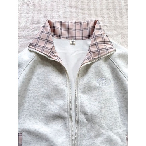 美式復古格子拼接連帽衛衣女春秋加絨寬鬆慵懶風oversize開衫外套 美式復古格子拼接連帽衛衣女春秋加絨寬鬆慵懶風oversize開衫外套