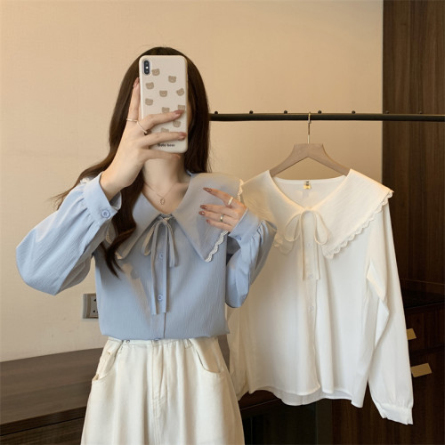 大碼女裝設計感小衆法式娃娃領減齡襯衫春秋季胖MM白色打底上衣