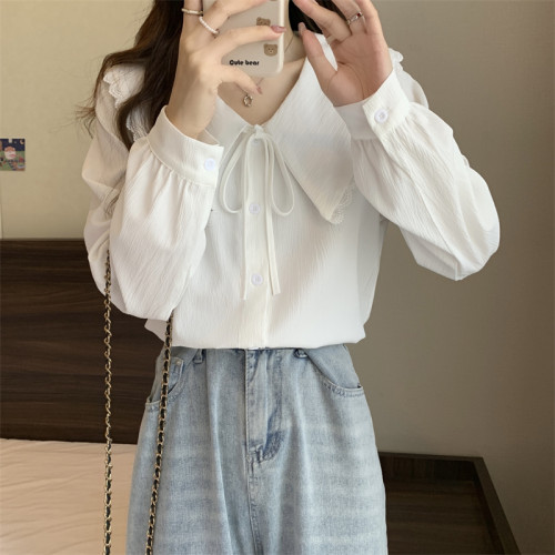 大碼女裝設計感小衆法式娃娃領減齡襯衫春秋季胖MM白色打底上衣