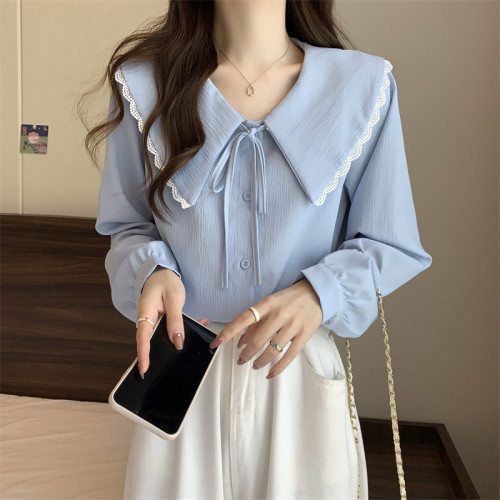 大碼女裝設計感小衆法式娃娃領減齡襯衫春秋季胖MM白色打底上衣