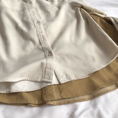 韓版小刺綉燈芯絨正肩長袖襯衫女繙領百搭曡穿襯衣秋小個子外套女