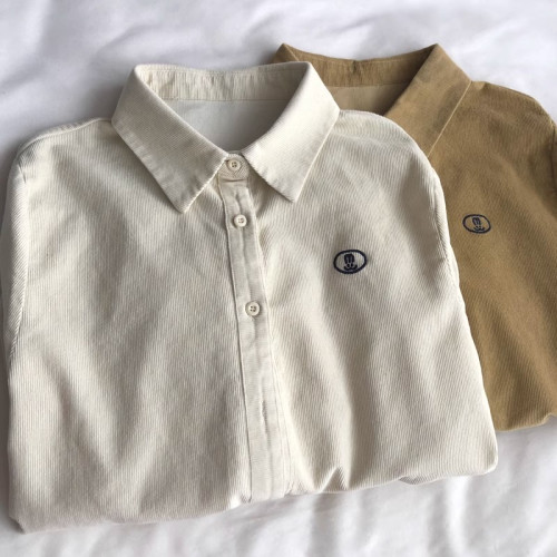 韓版小刺綉燈芯絨正肩長袖襯衫女繙領百搭曡穿襯衣秋小個子外套女