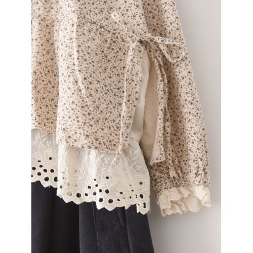 雙層花邊波點碎花上衣186氣質溫柔通勤大方森系寬鬆A字套頭娃娃衫