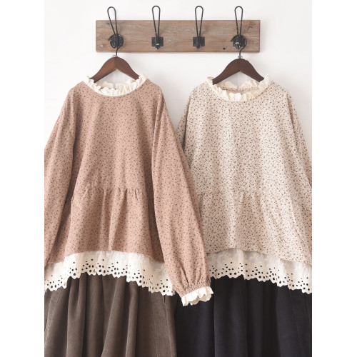 雙層花邊波點碎花上衣186氣質溫柔通勤大方森系寬鬆A字套頭娃娃衫