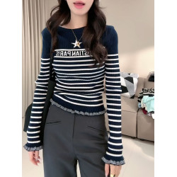 今年新款藏藍色條紋針織衫女秋季洋氣甜美時尚街頭氣質高級感上衣