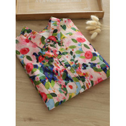 日韓出口剪標~復古玫瑰印花純棉襯衫女別致寬鬆休閒長袖襯衣