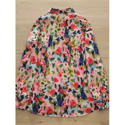 日韓出口剪標~復古玫瑰印花純棉襯衫女別致寬鬆休閒長袖襯衣