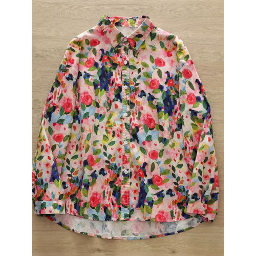 日韓出口剪標~復古玫瑰印花純棉襯衫女別致寬鬆休閒長袖襯衣