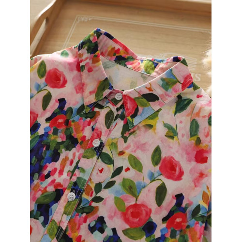 日韓出口剪標~復古玫瑰印花純棉襯衫女別致寬鬆休閒長袖襯衣