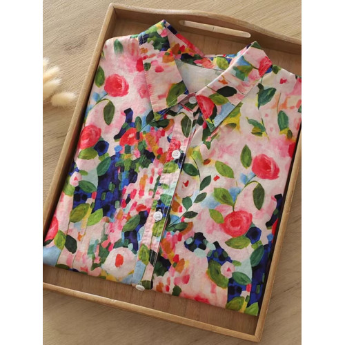 日韓出口剪標~復古玫瑰印花純棉襯衫女別致寬鬆休閒長袖襯衣