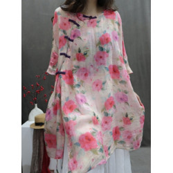 商場折釦店撤櫃棉麻上衣女印花寬鬆輕薄飄逸洋氣個性中長款襯衫裙