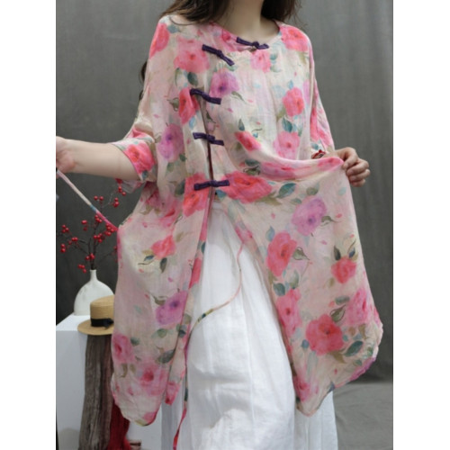 商場折釦店撤櫃棉麻上衣女印花寬鬆輕薄飄逸洋氣個性中長款襯衫裙