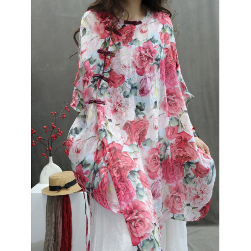 商場折釦店撤櫃棉麻上衣女印花寬鬆輕薄飄逸洋氣個性中長款襯衫裙