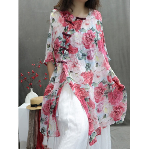 商場折釦店撤櫃棉麻上衣女印花寬鬆輕薄飄逸洋氣個性中長款襯衫裙