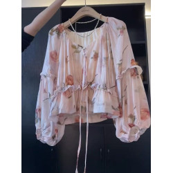 法式茶歇V領系的燈籠袖碎花襯衫女夏季新款氣質獨特寬鬆顯瘦上衣