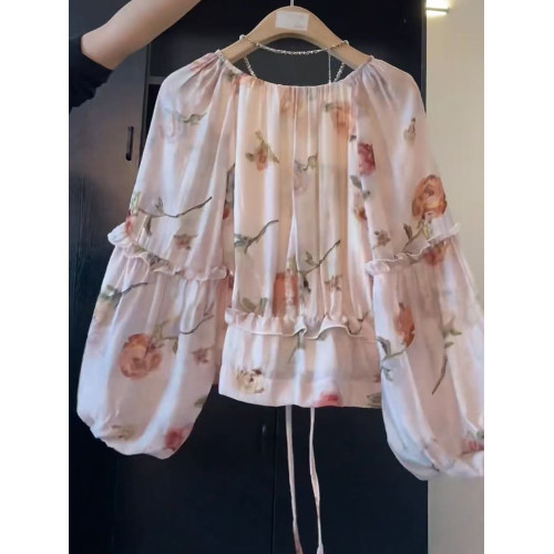 法式茶歇V領系的燈籠袖碎花襯衫女夏季新款氣質獨特寬鬆顯瘦上衣