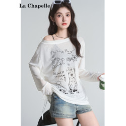 拉夏貝爾時尚慵懶風白色抽褶長袖性感露背設計感微透寬鬆顯瘦上衣