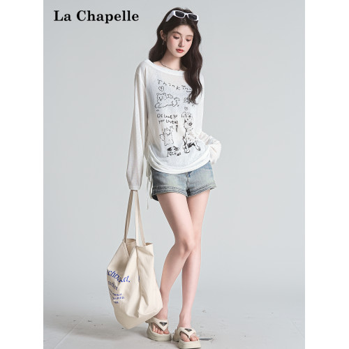 拉夏貝爾時尚慵懶風白色抽褶長袖性感露背設計感微透寬鬆顯瘦上衣 拉夏貝爾時尚慵懶風白色抽褶長袖性感露背設計感微透寬鬆顯瘦上衣