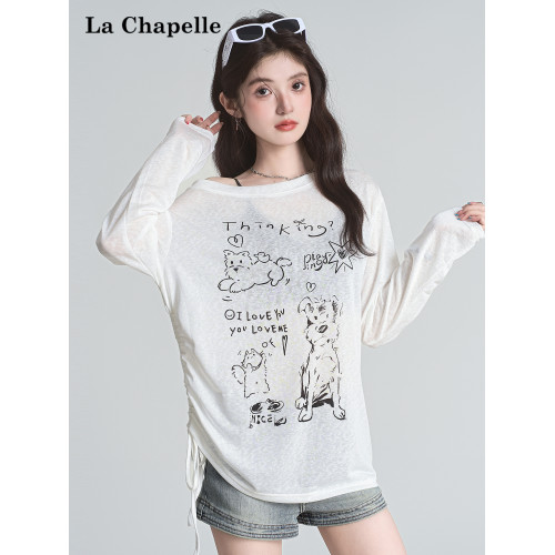 拉夏貝爾時尚慵懶風白色抽褶長袖性感露背設計感微透寬鬆顯瘦上衣 拉夏貝爾時尚慵懶風白色抽褶長袖性感露背設計感微透寬鬆顯瘦上衣