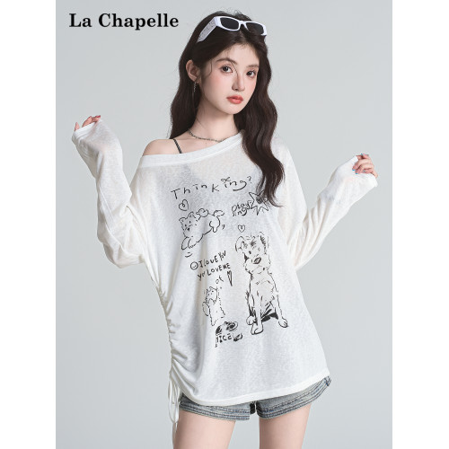 拉夏貝爾時尚慵懶風白色抽褶長袖性感露背設計感微透寬鬆顯瘦上衣 拉夏貝爾時尚慵懶風白色抽褶長袖性感露背設計感微透寬鬆顯瘦上衣