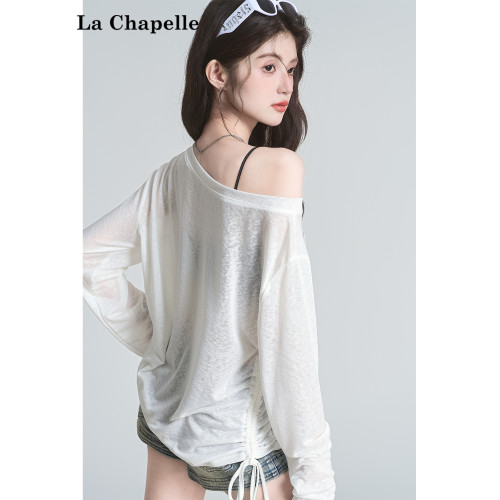 拉夏貝爾時尚慵懶風白色抽褶長袖性感露背設計感微透寬鬆顯瘦上衣 拉夏貝爾時尚慵懶風白色抽褶長袖性感露背設計感微透寬鬆顯瘦上衣