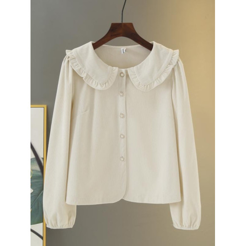 秋冬娃娃領條絨襯衫200斤胖mm寬鬆顯瘦珍珠釦別致上衣大碼女裝