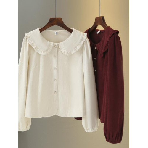 秋冬娃娃領條絨襯衫200斤胖mm寬鬆顯瘦珍珠釦別致上衣大碼女裝