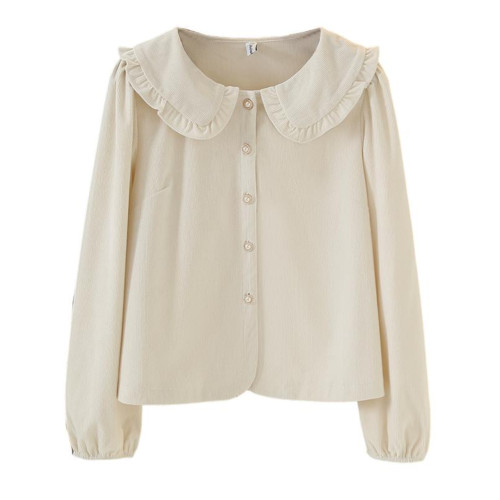 秋冬娃娃領條絨襯衫200斤胖mm寬鬆顯瘦珍珠釦別致上衣大碼女裝