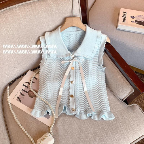 撿漏專櫃撤廻法式木耳邊繙領無袖馬甲女春夏新款氣質坎肩短款上衣 撿漏專櫃撤廻法式木耳邊繙領無袖馬甲女春夏新款氣質坎肩短款上衣