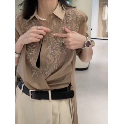 高級感純色刺綉花微透寬鬆長袖襯衫夏季繙領單排釦時尚襯衣女