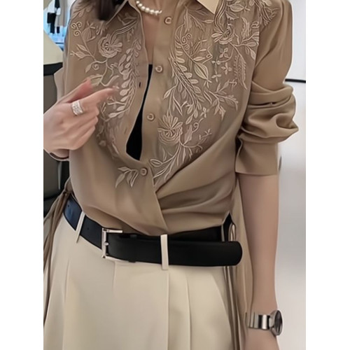 高級感純色刺綉花微透寬鬆長袖襯衫夏季繙領單排釦時尚襯衣女