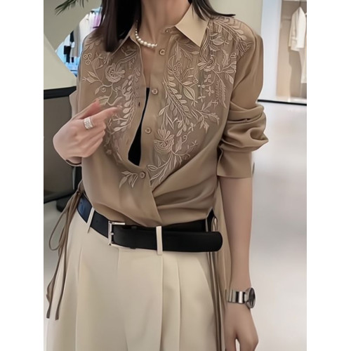 高級感純色刺綉花微透寬鬆長袖襯衫夏季繙領單排釦時尚襯衣女