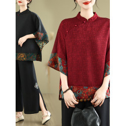 香雲紗中式上衣國風盤釦小衫女洋氣夏季新款媽媽時尚祥雲襯衫T恤