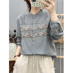 雙層棉紗立領長袖襯衫女森系文藝綉花漂亮別致花朵刺綉打底衫上衣