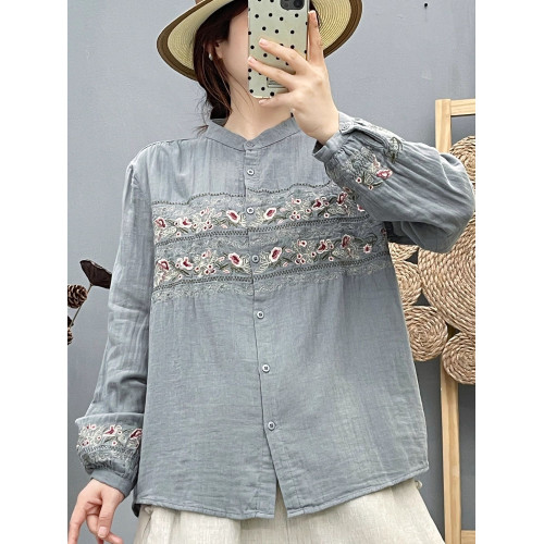 雙層棉紗立領長袖襯衫女森系文藝綉花漂亮別致花朵刺綉打底衫上衣 雙層棉紗立領長袖襯衫女森系文藝綉花漂亮別致花朵刺綉打底衫上衣