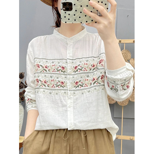 雙層棉紗立領長袖襯衫女森系文藝綉花漂亮別致花朵刺綉打底衫上衣 雙層棉紗立領長袖襯衫女森系文藝綉花漂亮別致花朵刺綉打底衫上衣