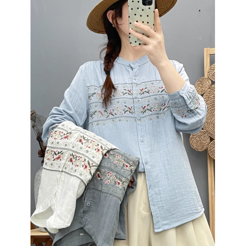 雙層棉紗立領長袖襯衫女森系文藝綉花漂亮別致花朵刺綉打底衫上衣 雙層棉紗立領長袖襯衫女森系文藝綉花漂亮別致花朵刺綉打底衫上衣